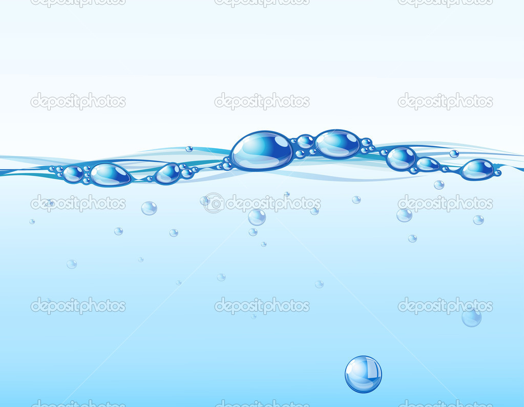 Clear blue water flow with bubbles and droplets.