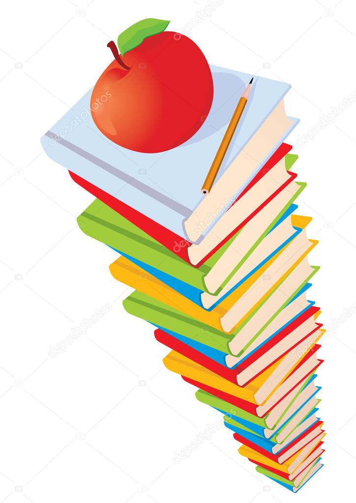 Stack of books, apple and pencil
