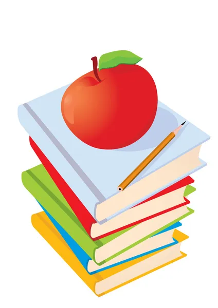 Livres, pomme et crayon — Image vectorielle