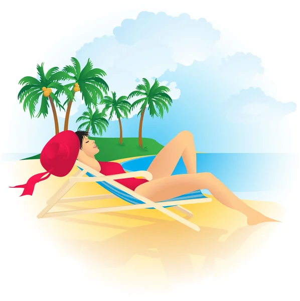 Jolie fille à la plage tropicale . — Image vectorielle