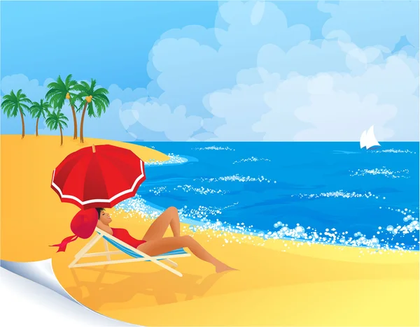 Mulher relaxante em uma praia tropical . — Vetor de Stock