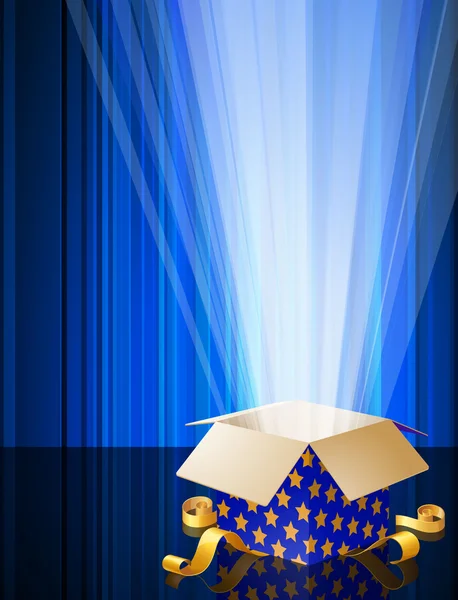 Azul brillante magia abierta caja de regalo . — Vector de stock