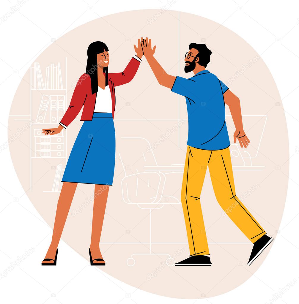 High-five. Young man and woman giving high-five and smiling. Flat design success and cooperation vector concept.