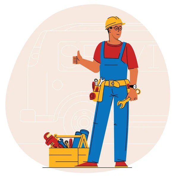 Plunber Serviceman Illustrationen Für Kleine Unternehmen Uniformierte Klempner Mit Schraubenschlüssel — Stockvektor