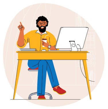 Ofis masasında oturan çekici, kendine güvenen genç adam..