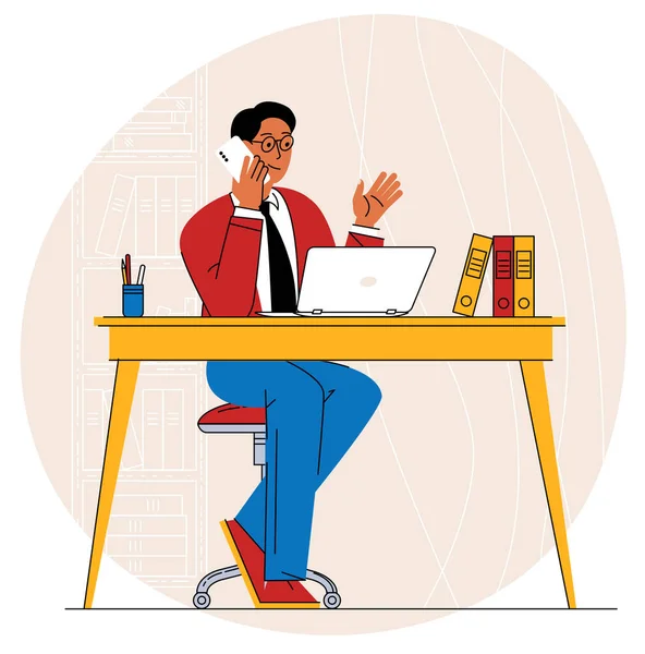 Attrayant Jeune Homme Confiant Assis Table Bureau — Image vectorielle