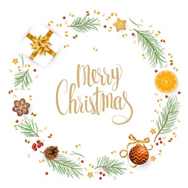 Noel ve Yeni Yıl gerçekçi vektör şablonu, beyaz siyah ahşap arka planda noel ağacı dalları, yıldızlar, koniler ve kutsal meyveler.