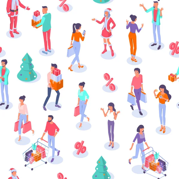 Diseño Plano Isométrico Navidad Año Nuevo Patrón Wint Personas Felices — Archivo Imágenes Vectoriales