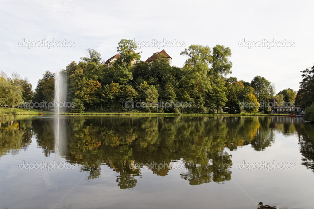 Bad Iburg, Charlottensee with the Iburg in autumn, Osnabruecker land, Lower Saxony, Germany