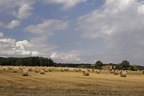 Rundballenpresse, Strohballen in Niedersachsen, Deutschland, Europa — Stockfoto