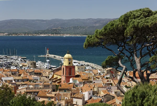 Saint tropez, titta på golfen av Saint-Tropez med kyrka, franska Rivieran, södra Frankrike — Stockfoto