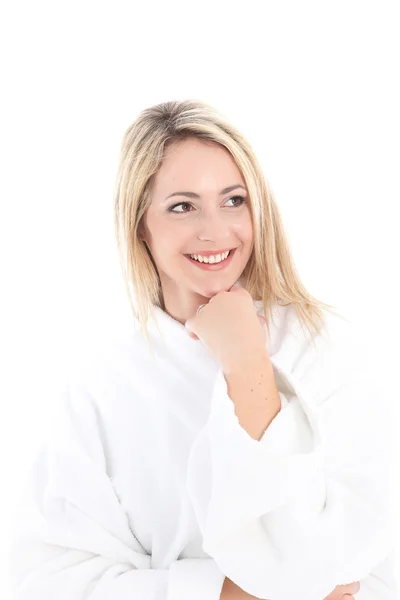 Beautiful woman in towelling bathrobe Beautiful woman in towelling bathrobe — Stock Photo, Image