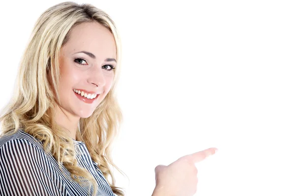 Woman pointing to blank copyspace Woman pointing to blank copyspace — Stock Photo, Image