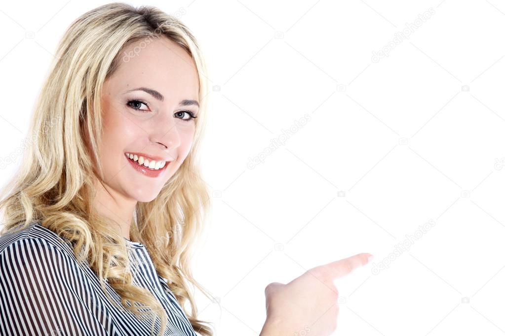 Woman pointing to blank copyspace Woman pointing to blank copyspace