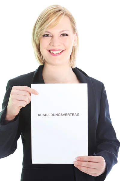 Smiling professional holding sheet of paper Smiling professional holding sh — Stock Photo, Image