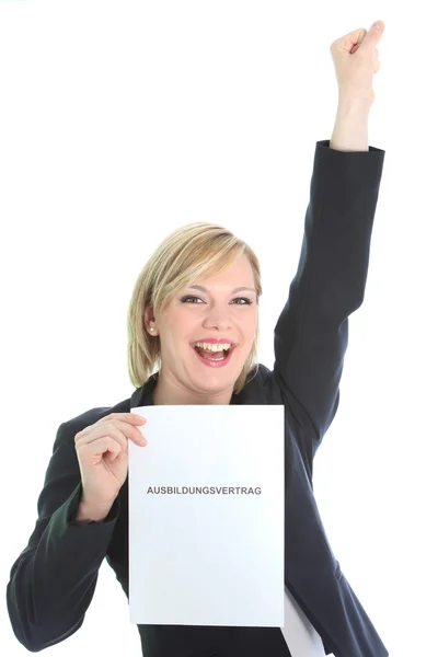 Ecstatic young woman with page of paper — Stock Photo, Image