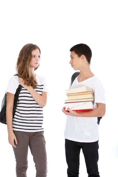 Two Teenagers on White Background Talking Stock Photo