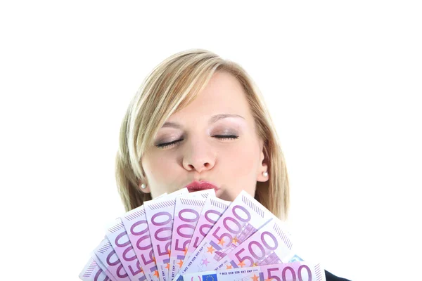 Mulher alegre com notas de 500 euros — Fotografia de Stock