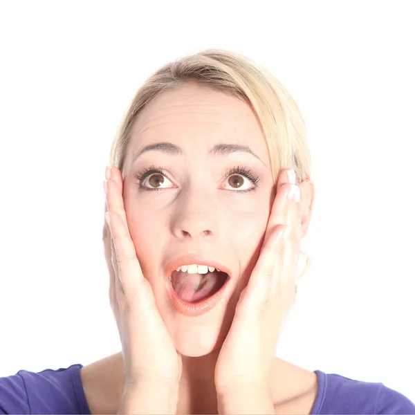 Surprised Young Blonde Woman on White — Stock Photo, Image