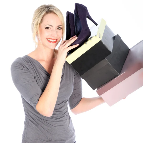 Blonde Woman Holding Boxes of Shoes — Stock Photo, Image