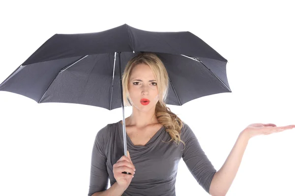 Mujer infeliz con paraguas revisando la lluvia —  Fotos de Stock