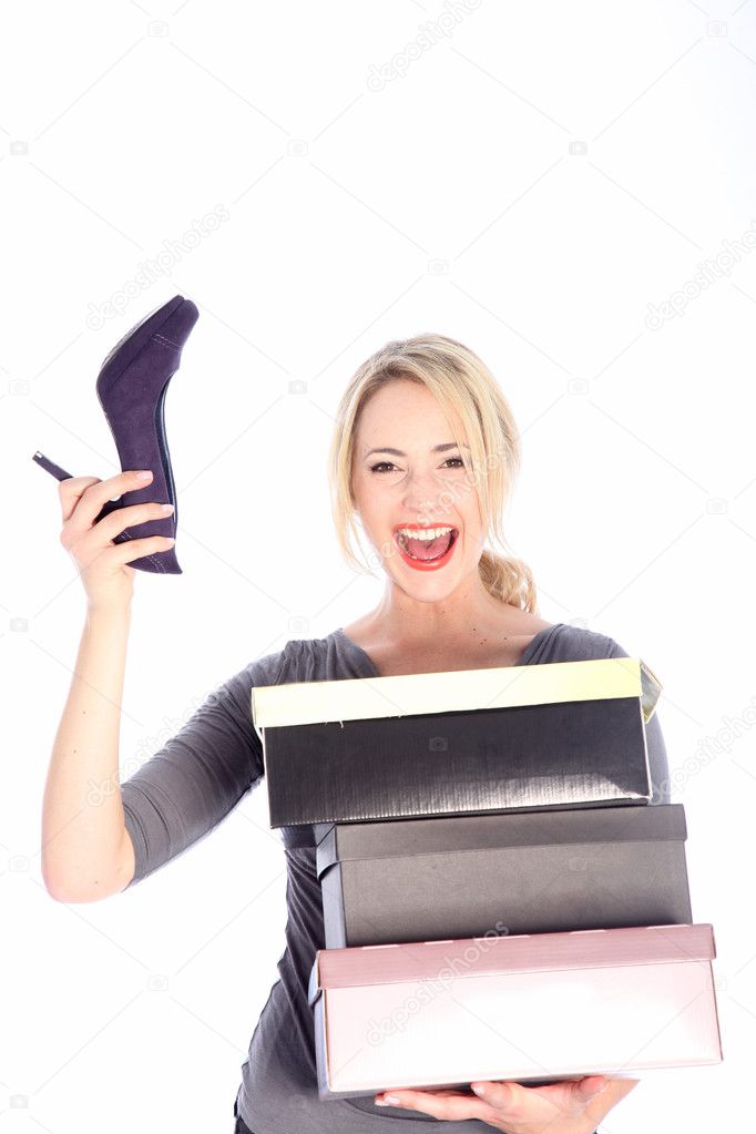 Blonde Woman Holding Boxes of Shoes
