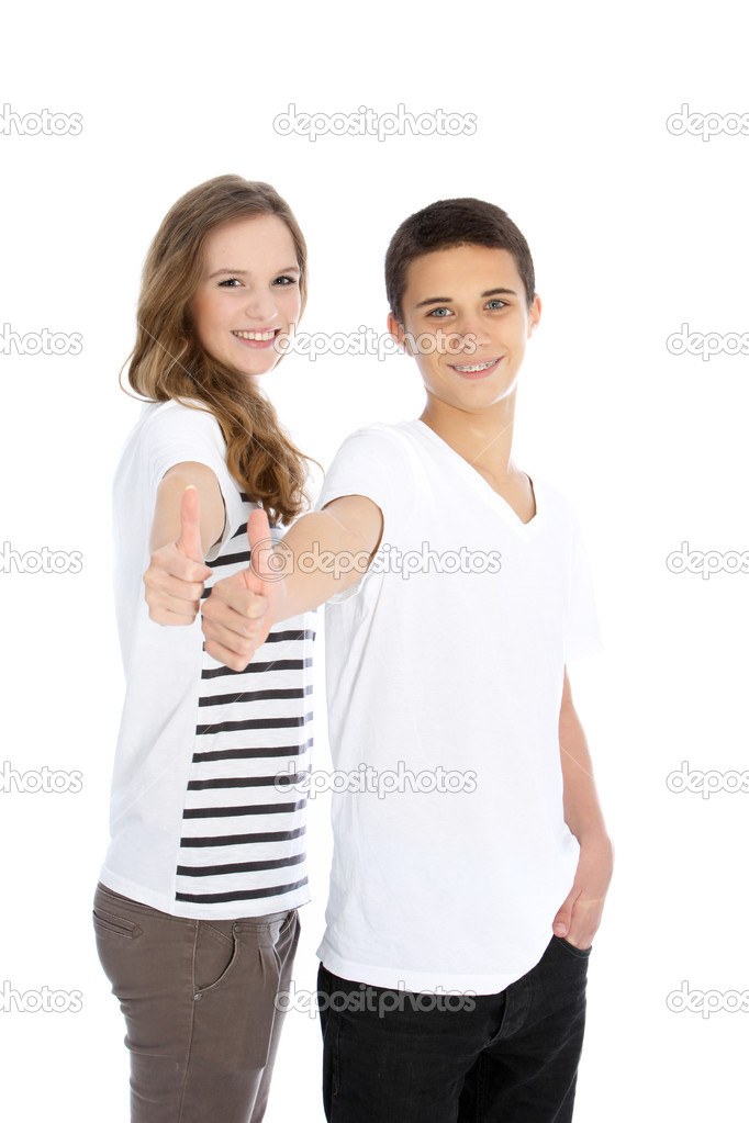 Teenage brother and sister giving a thumbs up