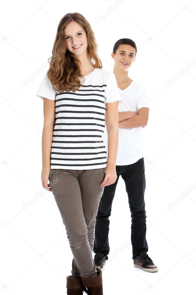 Two smiling trendy young teenagers
