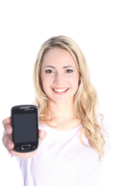 Lachende meisje met een smartphone lachende meisje met een smartphone — Stockfoto