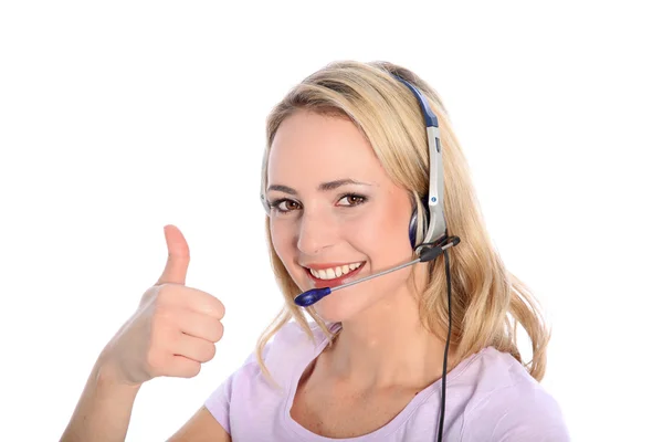 Happy young call operator or receptionist Happy young call operator or receptionist — Stock Photo, Image