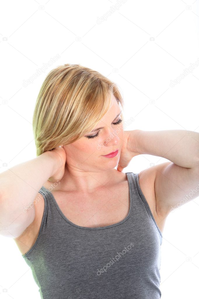 Woman with neck pain stretching her muscles