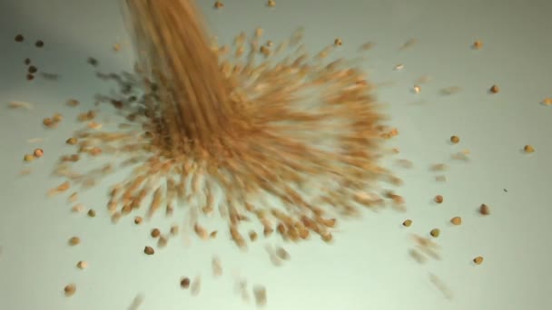Verter trigo sarraceno sobre una mesa blanca . — Vídeo de stock