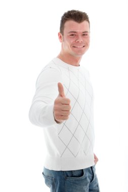 mutlu yakışıklı bir başparmak giving yukarıya
