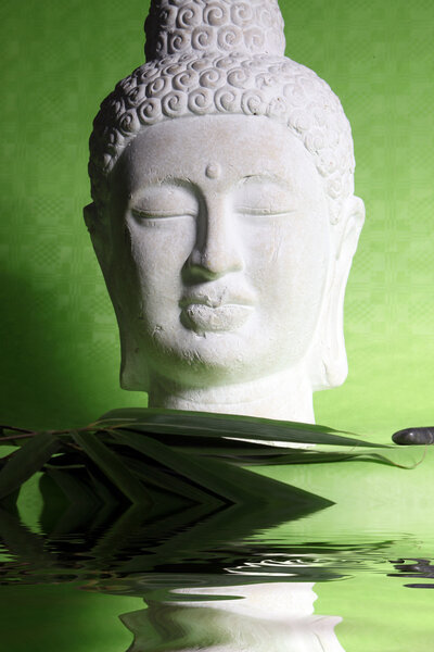 Head of a yoga statue on green background