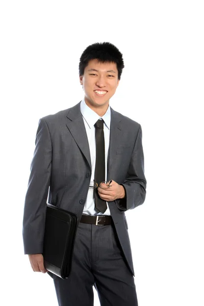 Positieve Aziatische zakenman geïsoleerd op wit — Stockfoto