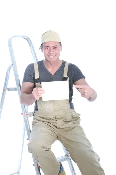 Feliz manitas apuntando a una tarjeta en blanco —  Fotos de Stock