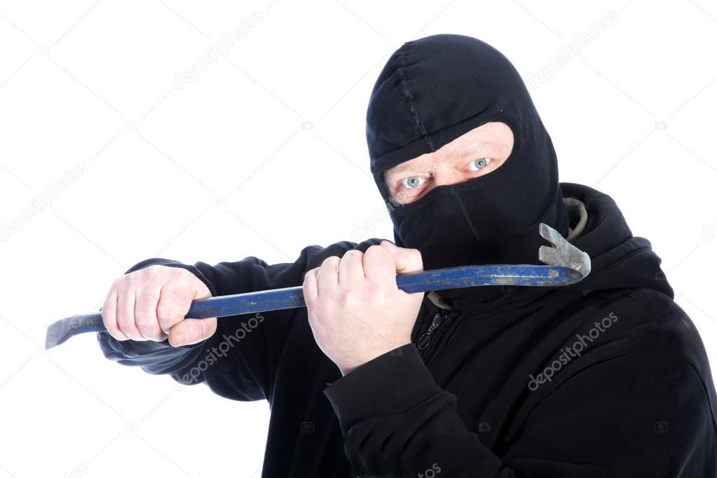 Masked robber wielding a crowbar