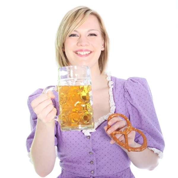 Laughing girl with beer and a pretzel — Stock Photo, Image