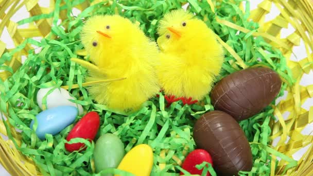 Nido de Pascua giratorio lleno de dulces — Vídeo de stock