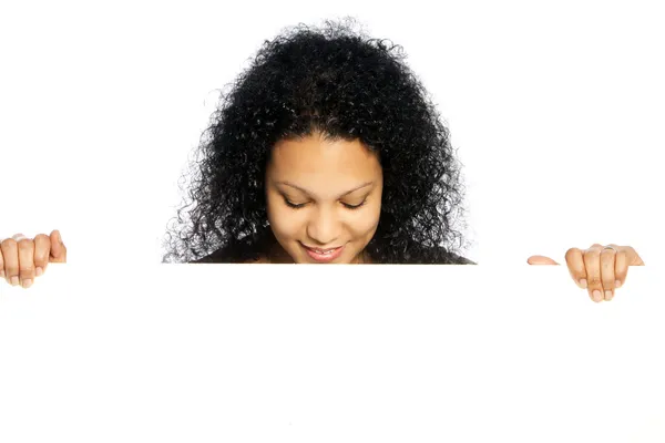 African American lady with a blank sign — Stock Photo, Image