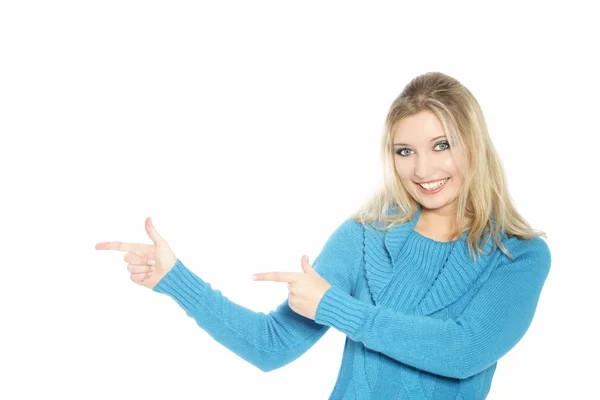 Woman pointing with both hands — Stock Photo, Image