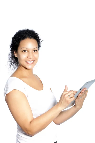 Beautiful woman scrolling on her tablet — Stock Photo, Image