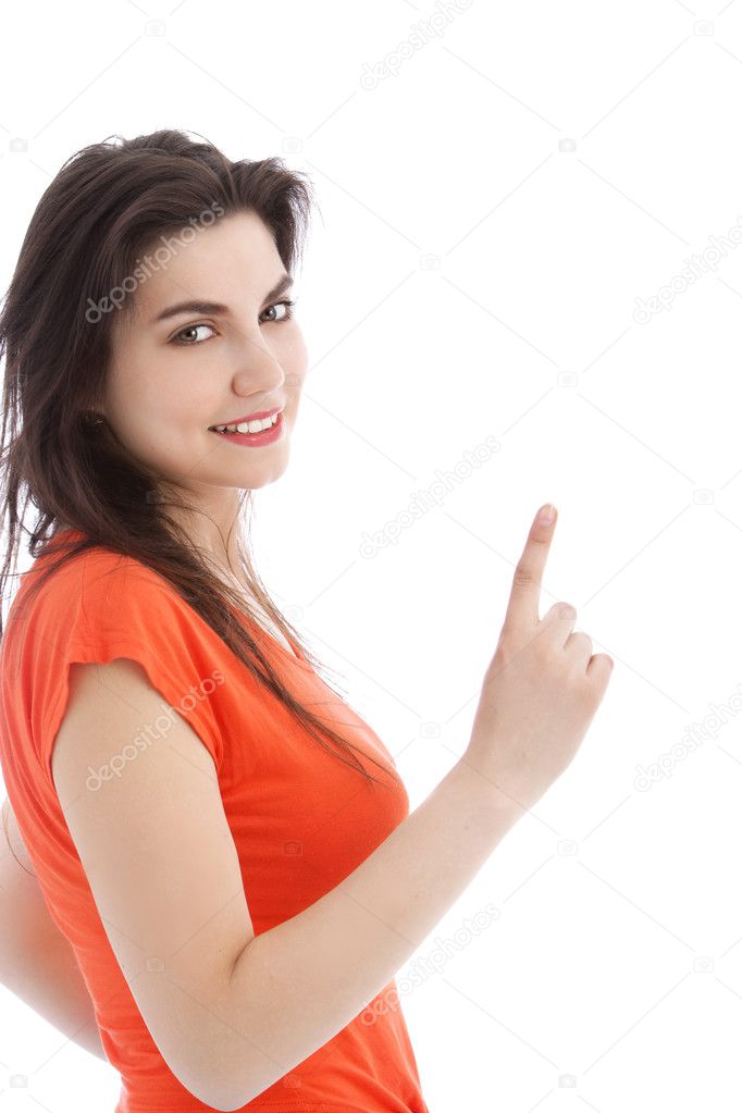 Brunette young woman pointing up