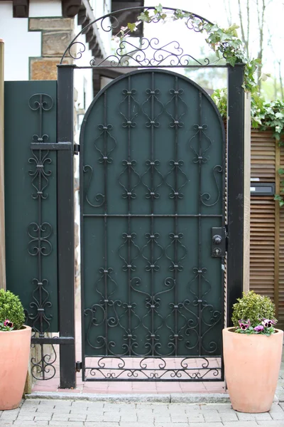 Kwiecisty zielony wpis metalowe bramy — Zdjęcie stockowe