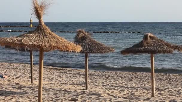 Romantische Aufnahme des Strandes und der Sonnenschirme auf Mallorca — Stockvideo