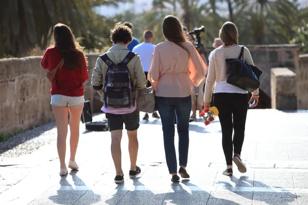 Vista trasera de cuatro estudiantes caminando — Foto de Stock