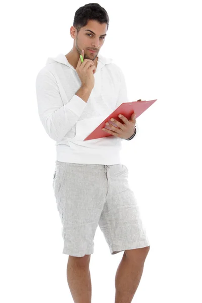 Thoughtful man holding a red clipboard — Stock Photo, Image