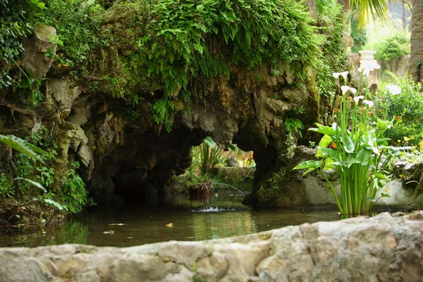 Lagoa ornamental e parede de rocha — Fotografia de Stock