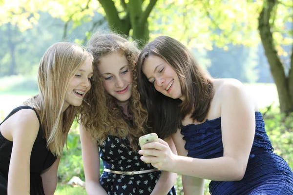 Três adolescentes felizes lendo um SMS em um telefone celular enquanto se sentam agrupados em um tapete na grama em um parque enquanto relaxam em suas férias de verão — Fotografia de Stock