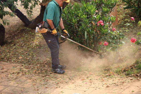 Άνθρωπος strimming το χορτάρι στον κήπο — Φωτογραφία Αρχείου